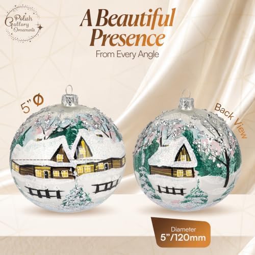 Hand Blown Glass Ball Christmas Ornament, 5 in, Cottage Houses White