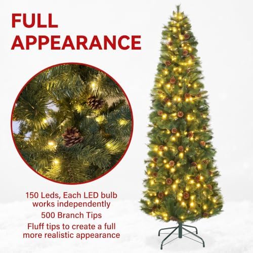6ft Pre-Lit Slim Christmas Tree,150 Warm White & Multi-Color Lights