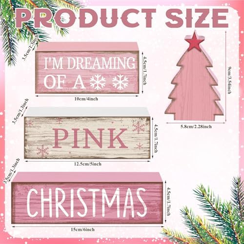 Lineshading 4 Pcs Pink Christmas Table Decor, Wooden Christmas Tree Signs