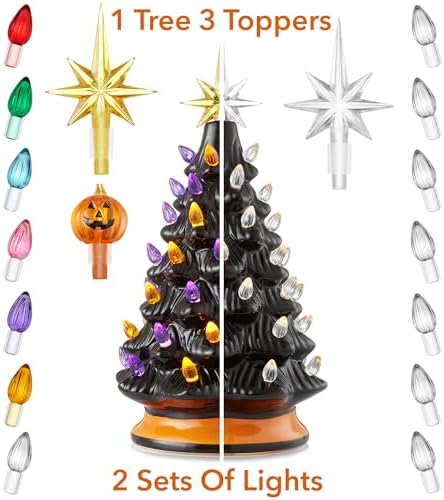Casafield Hand-Painted Ceramic Halloween Tree, Black 12-Inch Pre-Lit Decoration with 100 Multi-Color Lights, Jack-O-Lantern and Star Toppers
