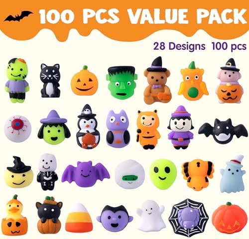 JOYIN 100 Pcs Halloween Mochi Squishy Toys for Kids Gift, Halloween Kawaii Sensory Stress Relief Toys for Halloween Party Favors Decor, Trick or Treats Classroom Prizes Goodie Bag Fillers