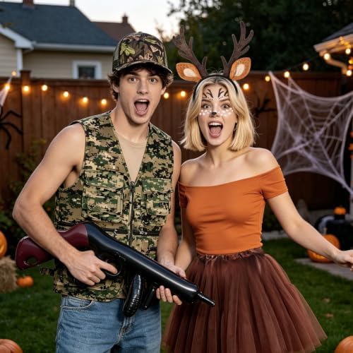 6 Pcs Deer Hunter Costume Set for Couple - Hunting Outfit Dress Up Kit - Camo Vest Camo Hat Antler Headband Tattoo Stickers Skirt Inflatable Toy Gun - Halloween Cosplay Party Fancy Dress Accessories