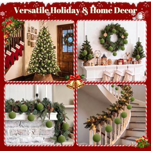 TOWPONICS 15 Pcs Green Velvet Christmas Ornaments Balls, 3.15 Inch Big Velvet Ornaments for Christmas Tree, Decorative Hanging Ornaments for Xmas Tree, Family Holiday Wedding Xmas Decoration