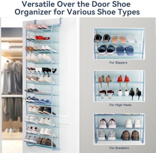 Whitmor 36 Pair Over the Door Shoe Rack,12 Tier Hanging Shoe Organizer with Metal Frame & Mesh shelves, Heavy Duty Shoe Storage Holder for Door,No Drill Installation, 74" H x 21.7" W x 7.5" D, Blue