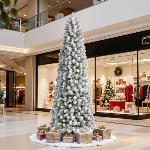 SHareconn 8ft Prelit Snow Flocked Artificial Slim Pencil Christmas Tree
