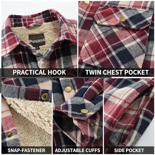 Men's Sherpa Cotton Flannel Shirt Jacket Plaid Button Coat Pocket