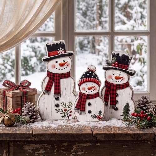 Barydat 3 Pcs Christmas Snowman Table Decoration Winter Snowman Wood Sign