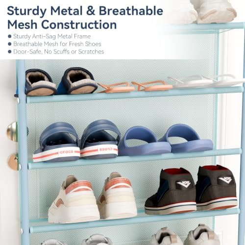 Whitmor 36 Pair Over the Door Shoe Rack,12 Tier Hanging Shoe Organizer with Metal Frame & Mesh shelves, Heavy Duty Shoe Storage Holder for Door,No Drill Installation, 74" H x 21.7" W x 7.5" D, Blue