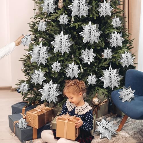Snowflake Decorations, Paper Christmas Hanging Decor Indoor, Silver, 36-Pc