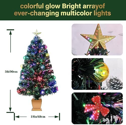 3ft Green Fiber Optic Christmas Tree,Prelit Artificial Tabletop mini Christmas Tree,Star,Butterfly and Ball Ornaments for Best Holiday Home Decorations