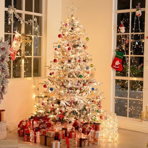Hykolity 7.5 ft Snow Flocked Aspen Fir Christmas Tree, Prelit Artificial Christmas Tree with 450 Warm White Lights, 1173 PE & PVC Branch Tips, Metal Stand and Hinged Branches