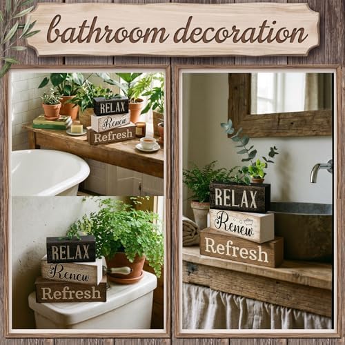 Lineshading 4 Pcs Farmhouse Bathroom Shelf Decor, Relax Renew Refresh Signs