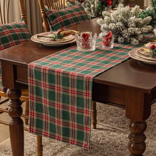 Softalker Christmas Checkered Tartan Table Runner, Green, 13 x 70 Inch-2P