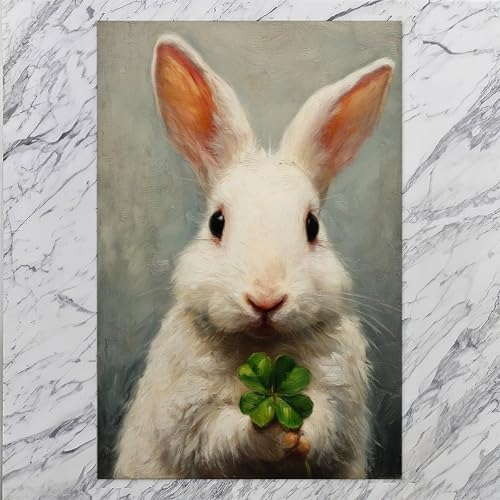 JDBeehpy Easter Rabbit (Unframed, Canvas Only) Canvas Mural Cute White Rabbit Clover Printing Spring Prints Oil Painting Art Style Green Festival Theme Art Prints 16x24inch(40x60cm)