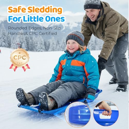 Snow Sled for Kids: 35", Cold-Resistant, Anti-lateral Drift, Included Rope, One Handle per Side, Fast, Stable, Stackable, Easy to Carry, Toboggan Sleds for Snow Days