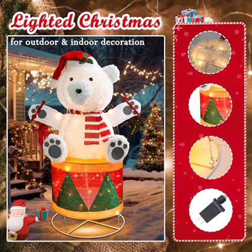 4 FT Lighted Christmas Drum Bear, Pre‑Lit Outdoor Yard Decor