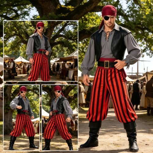 9pcs Adult Halloween Pirate Costume for Men with Accessories