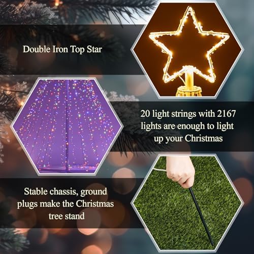 Riakrum 15ft-2167 LED Flagpole Christmas Tree Lights Outdoor Decorations with Star Topper, 8 Lighting Modes Pre-lit LED Flagpole Christmas Lights Multicolor, Outside Yard Holiday Display