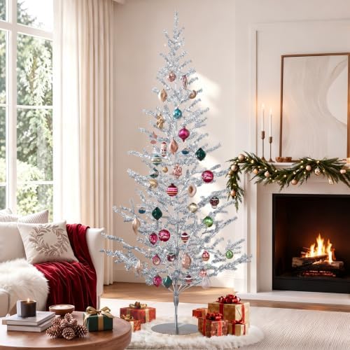 6ft Silver Tinsel Christmas Tree, Retro Aluminum Christmas Tree