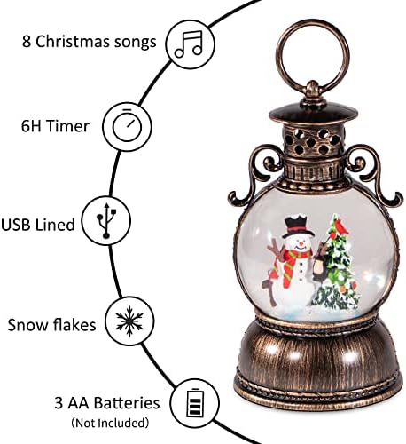 Vintage Christmas Lantern Snow Globe Lighted Musical Water Lantern with Swirling Glitter Snowman Scene, 8 Holiday Songs, 6H Timer, USB/Battery Operated Holiday Table Decor Gift