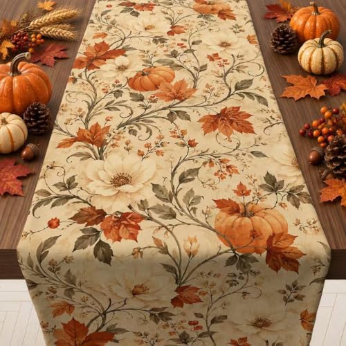 Thanksgiving Table Decor - Vintage Autumn Pumpkin Floral Table Runner