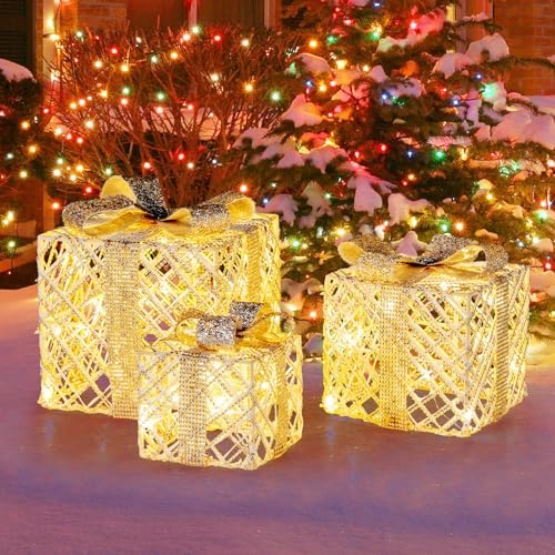 Tangkula Set of 3 Lighted Box, Pre-Lit Festive Boxes w/ 50 LED Lights