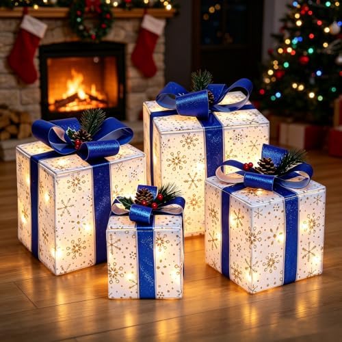 Set of 4 Christmas Lighted Gift Boxes, Light Up Blue Present Boxes