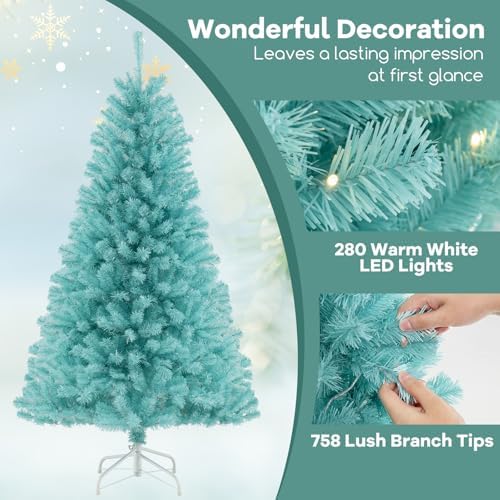 HAPPYGRILL 6 FT Pre-lit Artificial Christmas Tree Blue Hinged Xmas Tree with 758 Branch Tips, 280 Warm White LED Lights & Folding Metal Stand, Pre-Lit Holiday Decoration Tree for Home Office
