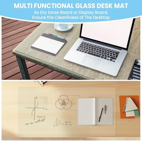 Tempered Glass Desk Pad to Protect Desk, 18" x 24" Clear Office Desk Pad for Keyboard and Computer Monitor, Glass Desk Mat for Desktop Dry Erase