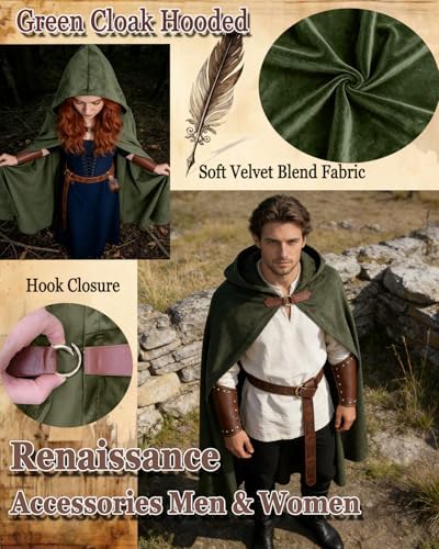 kasahara Renaissance Hooded Cloak Medieval Costume Accessories for Men Women Halloween Costume Cape Belt Pouch Bracers