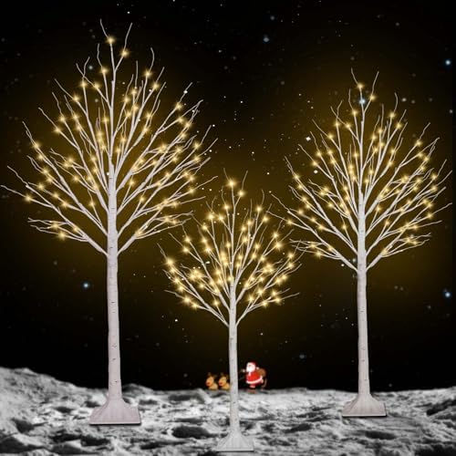 3 Pack 4/5/6FT Lighted Birch Tree, 300LED Twinkling Tree Lights, Warm White