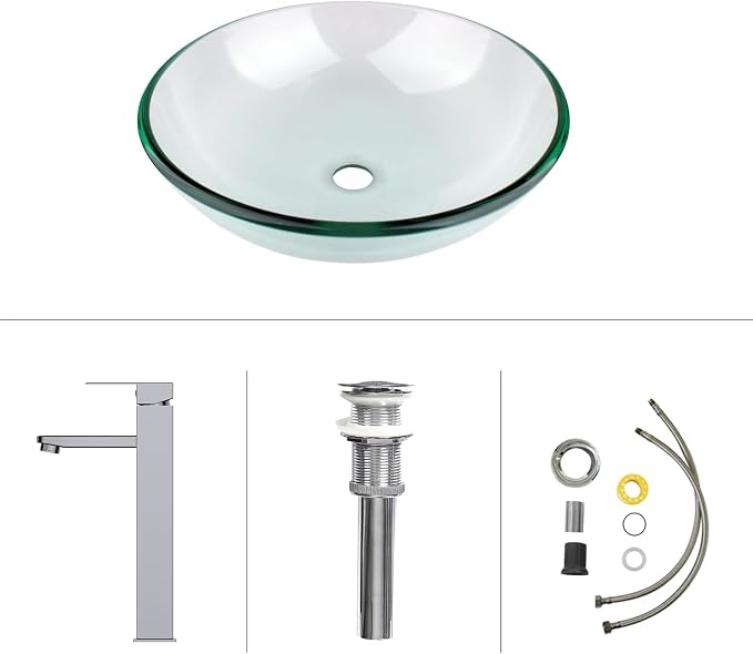 Bathroom Vessel Sink, Tempered Glass Vanity Round Bowl, Clear | Chrome Faucet, Pop Up Drain, Above Counter, Easy Clean