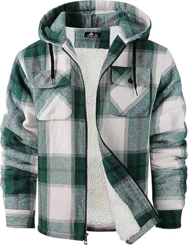 GEEK LIGHTING Men's Flannel Shirts Jacket Sherpa Lined Plaid Zipper Hoodie