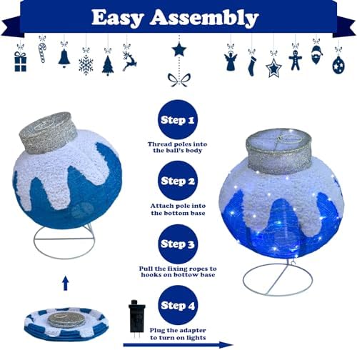 Lighted Christmas Balls Outdoor Decorations, 2pcs Pop-Up Blue Christmas Décor Balls Prelit 160 Lights with 8 Flashing Effects, Collapsible Light Up Hanging Lanterns Plug-in for Home Yard Party-Blue