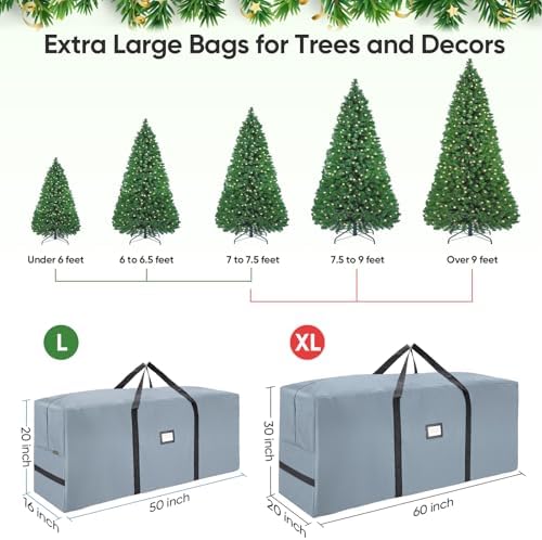 BALEINE 9 ft Christmas Tree Storage Bag, Heavy Duty 900D Oxford Fabric with Reinforced Handles and Dual Zippers Wide Opening, Extra Large Storage Container for Trees (Grey) (Pack of 2)