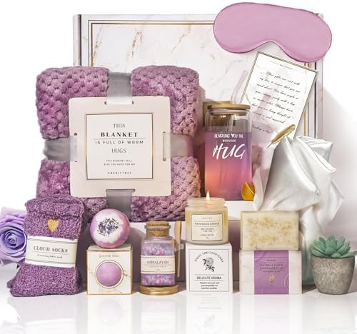 AHAGIFTREE Gift Baskets For Women,12PC Birthday Gifts,Mother's Day Thinking Of you Gifts for Women,Care Package,Grief,Sympathy,thank you,Condolences (Purple)