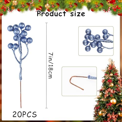 Fangoo 20 Pack 7 Inch Artificial Blue Berry Stems Christmas Blue Berries Picks Holly Berry Branches for Christmas Tree Ornaments DIY Crafts Wedding Holiday Season Winter Home Decor