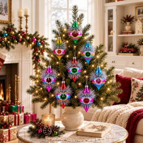 Soulchen 8 Pcs Vintage Glass Christmas Finial Ornaments Reflector for Tree