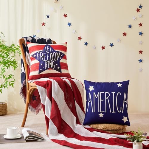 4th of July Pillow Covers 20x20 Inch,Set of 4 Patriotic Red White Blue Summer Outdoor Throw Pillow Covers,Independence Memorial Day USA Flag Linen Fourth of July Cushion Case for Sofa Couch Decor
