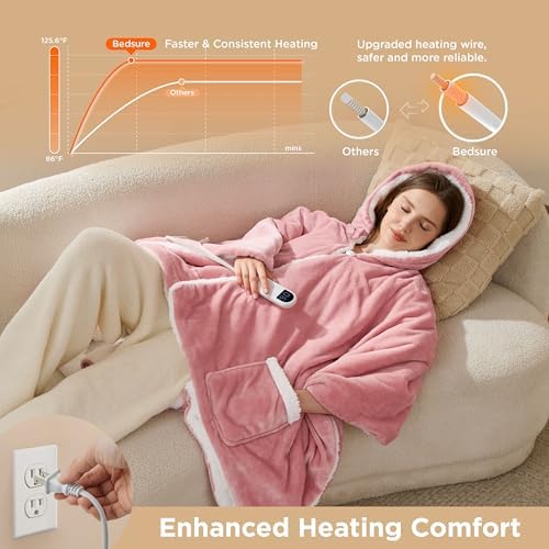 Bedsure Wearable Heated Blanket Hoodie Shawl, Gifts for Mom, 55"x64", Pink