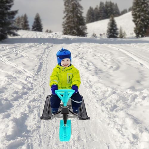 Snow Racer Sled, Ski Sled Slider Board with Steering Wheel, Twin Brakes, Retractable Pull Rope, Snow Bike for Kids Age 3-15, Snowmobile Racer for 2 Children / 1 Teenager Green
