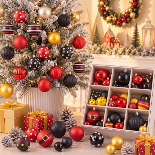 Lunmon 64 Pcs Mouse Christmas Ball Ornaments Red Black Yellow Xmas Baubles