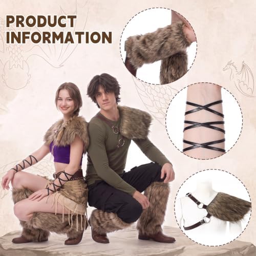 Janmercy 9 Pcs Halloween Viking Costume for Couple, Faux Fur Accessories