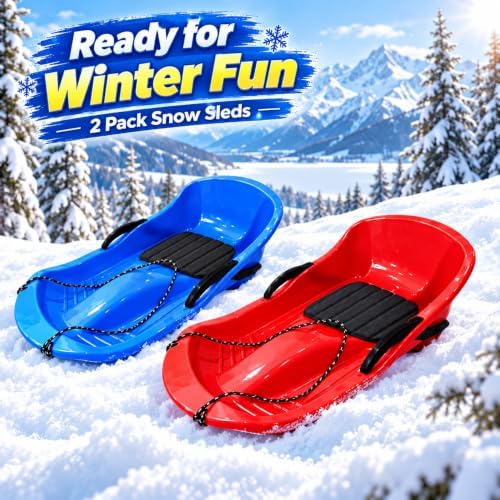 2 Pack Snow Sleds 89 x 45 x 26 cm, Plastic Toboggan Sleds with Brake Handles, Pull Ropes and Seat Cushions, High Back Snow Sled for Winter Outdoor Sliding, Blue Pink Red Green