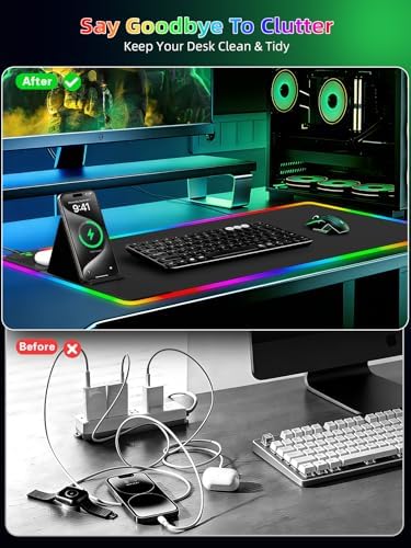 Mouse Pad with Wireless Charger Foldable Phone Holder, XXL RGB Gaming Mousepad 31.5"x15.8" Large Desk Mat for Keyboard, Black Desk Pad with Dual Qi Charging Station, 11 Colors 5 Modes