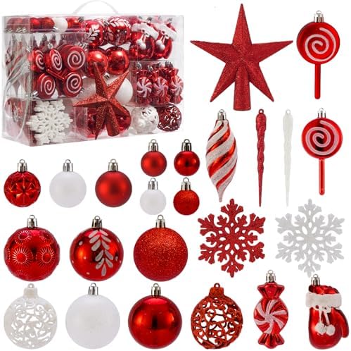 130 Pcs Red & White Christmas Ball Ornaments, Shatterproof | Assorted Christmas Tree Decorations with Matte, Glitter and Shiny Finishes, Hanging Loops for Wreaths and Garlands