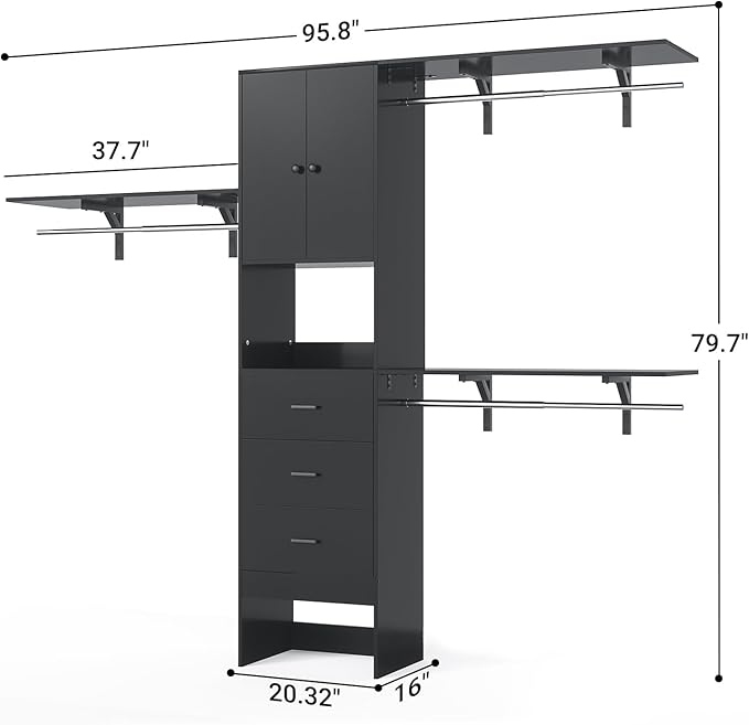 Armocity 96 Inches Closet System with Doors, 8FT Walk In Closet Organizer with 3 Shelving Towers, Heavy Duty Clothes Garment Rack with 3 Wood Drawers, 96" L x 16" W x 80" H, Max Load 1000 LBS, Black