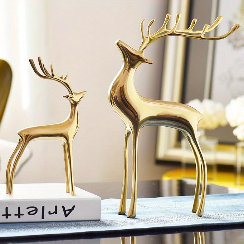 Reindeer Figurine Statues Deluxe Set of 2, Christmas Deer Pure Copper Heavy Reindeer Ornaments for Home Decor Accents Living Room Office Bookself Tabletop Mantle Christmas Decoration, Gold