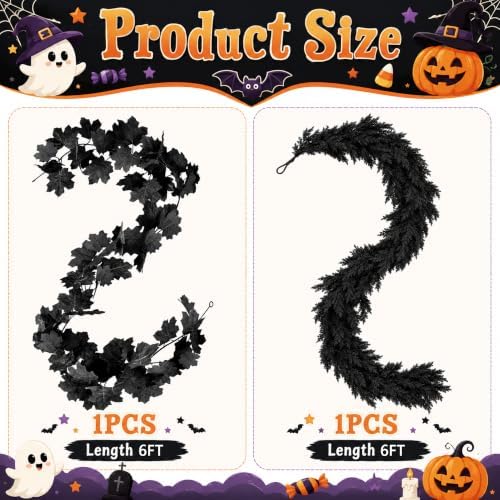 2 Pcs Black Halloween Cedar Garland with Maple Leaf Vine
