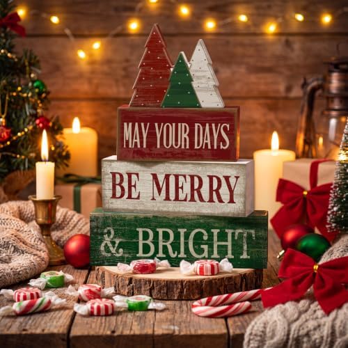 Lineshading 4 Pcs Christmas Table Decor, Wooden Tree Block Signs Home